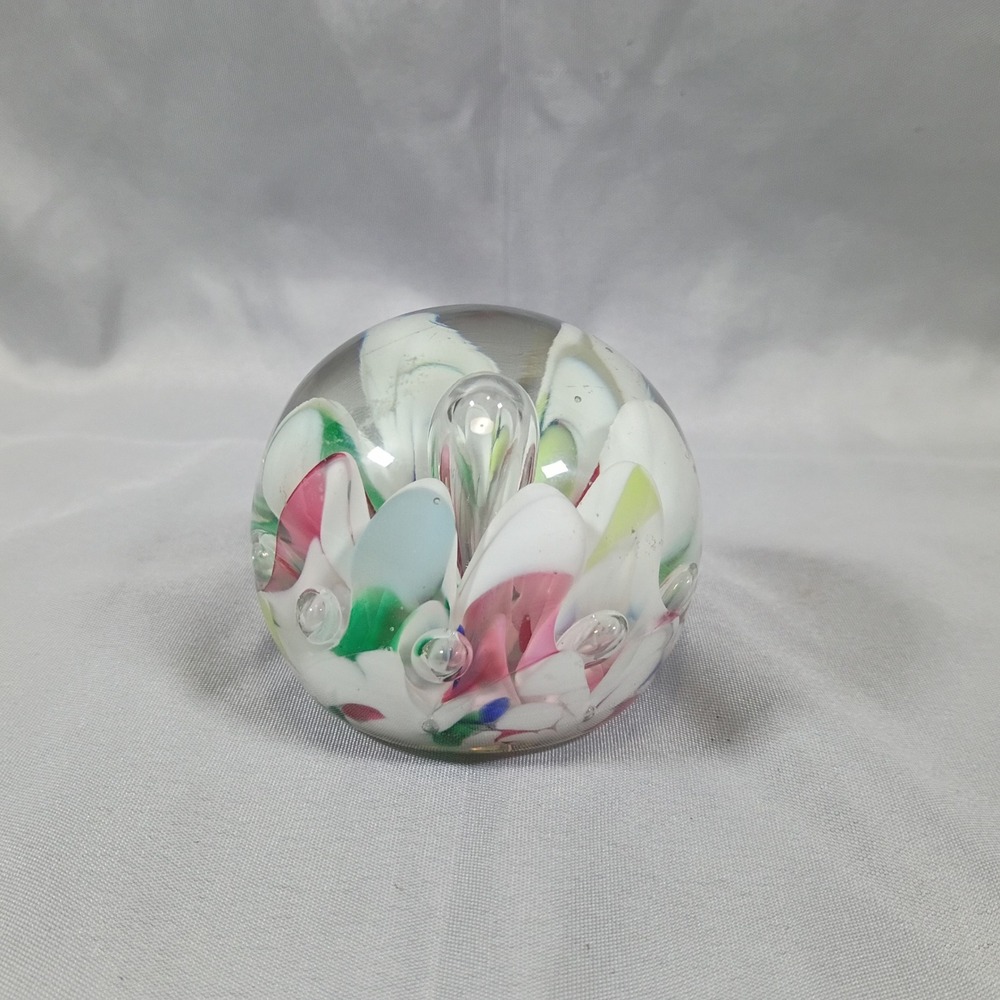 Vintage Art Glass Paperweight Floral Controlled Bubble Pink White Green Round